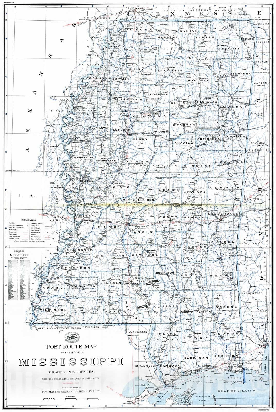 Historic Map : 1937 Post Route of the State of Mississippi Showing Post Offices : Vintage Wall Art