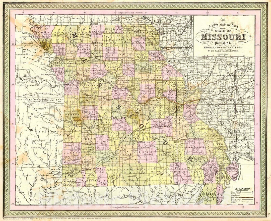 Historic Map : 1854 A New Map of the State of Missouri : Vintage Wall Art