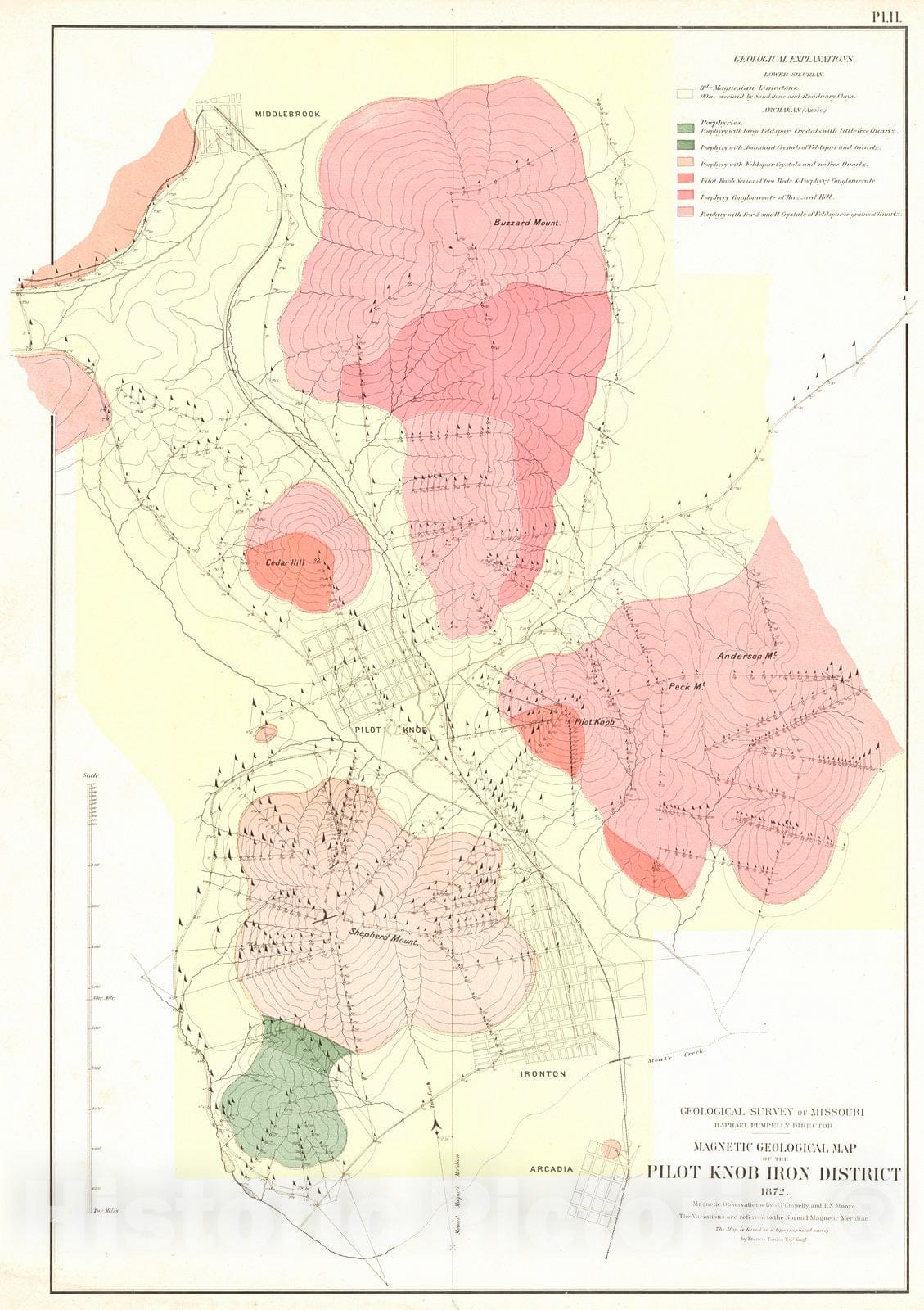 Historic Map : 1872 Magnetic Geological Map of the Pilot Knob Iron District : Vintage Wall Art