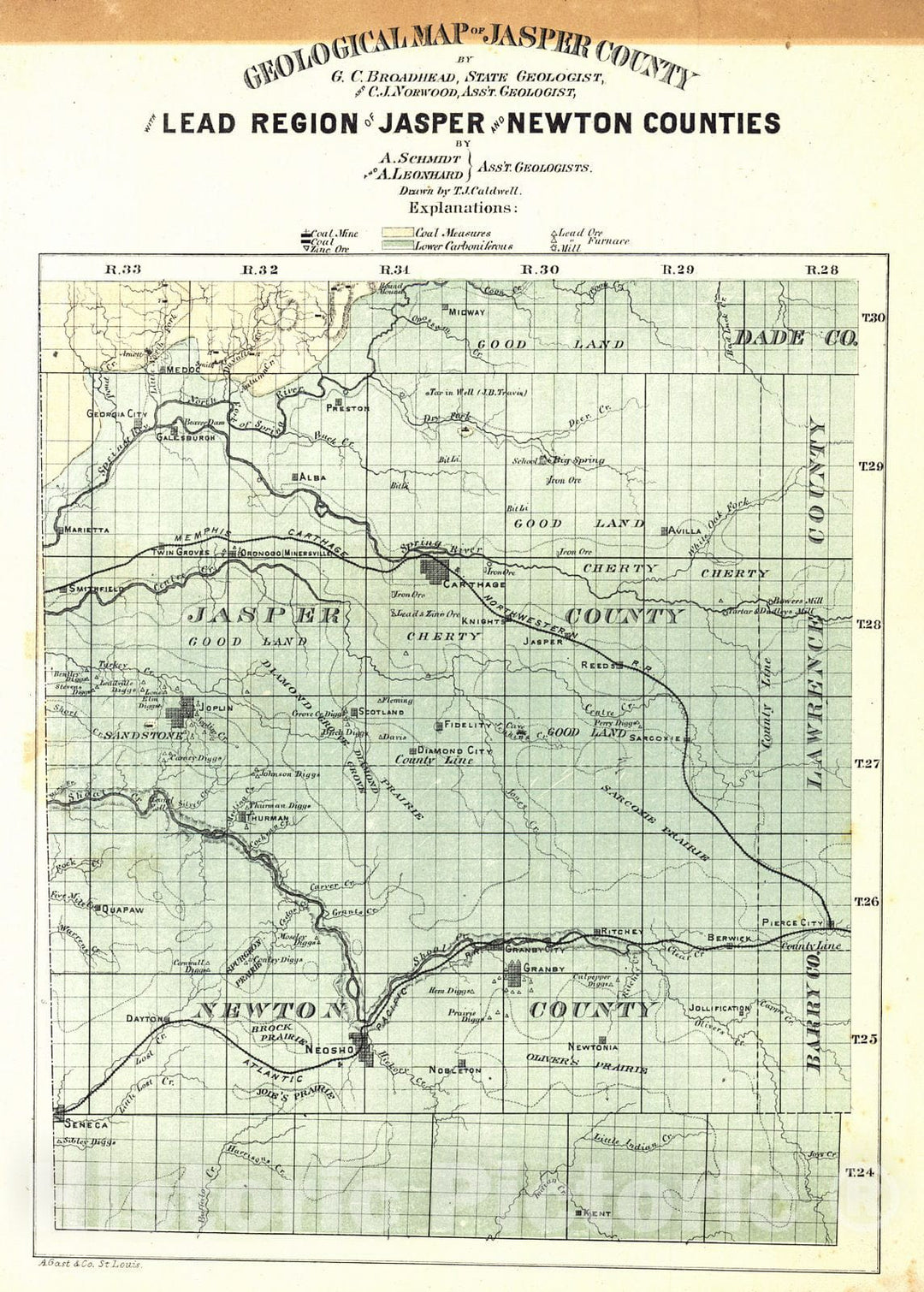 Historic Map : 1874 Geologic Map of Jasper County with Lead Region of Jasper and Newton Counties : Vintage Wall Art