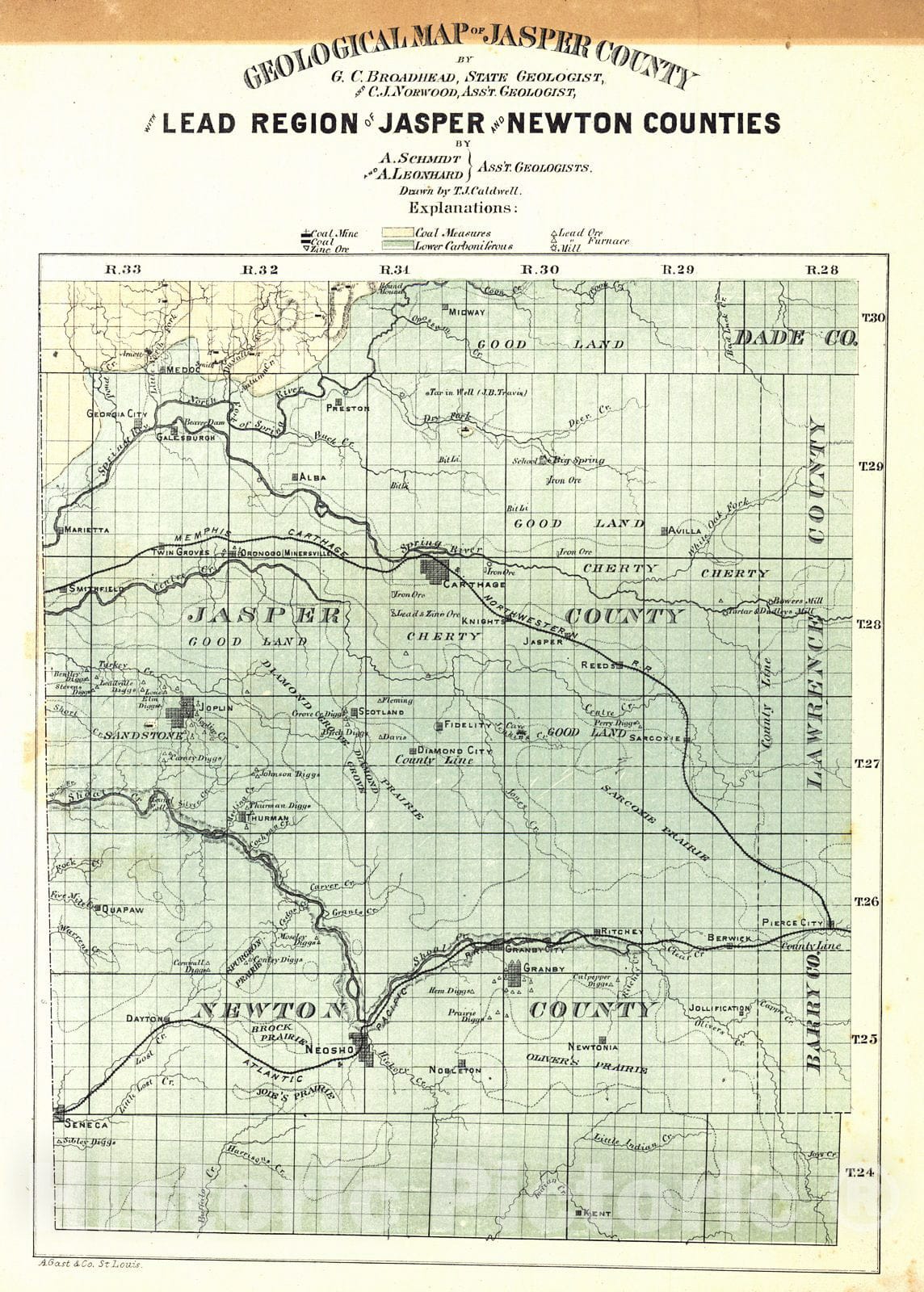 Historic Map : 1874 Geologic Map of Jasper County with Lead Region of Jasper and Newton Counties : Vintage Wall Art