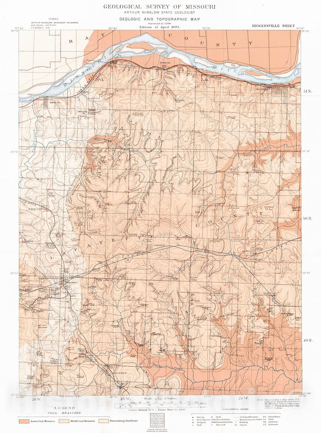 Historic Map : 1892 Geologic and Topographic Map - Higginsville Sheet : Vintage Wall Art