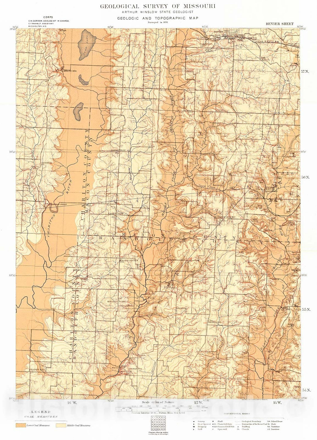 Historic Map : 1893 Geologic and Topographic Map - Bevier Sheet : Vintage Wall Art