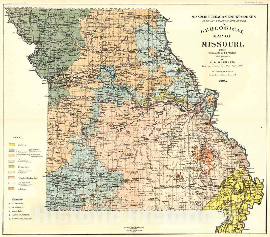 Historic Map : 1904 A Geological Map of Missouri Showing the location of the Principal Stone Quarries : Vintage Wall Art