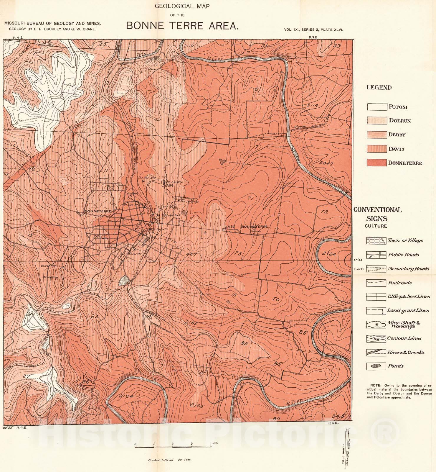 Historic Map : 1910 Geological Map of the Bonne Terre Area  : Vintage Wall Art