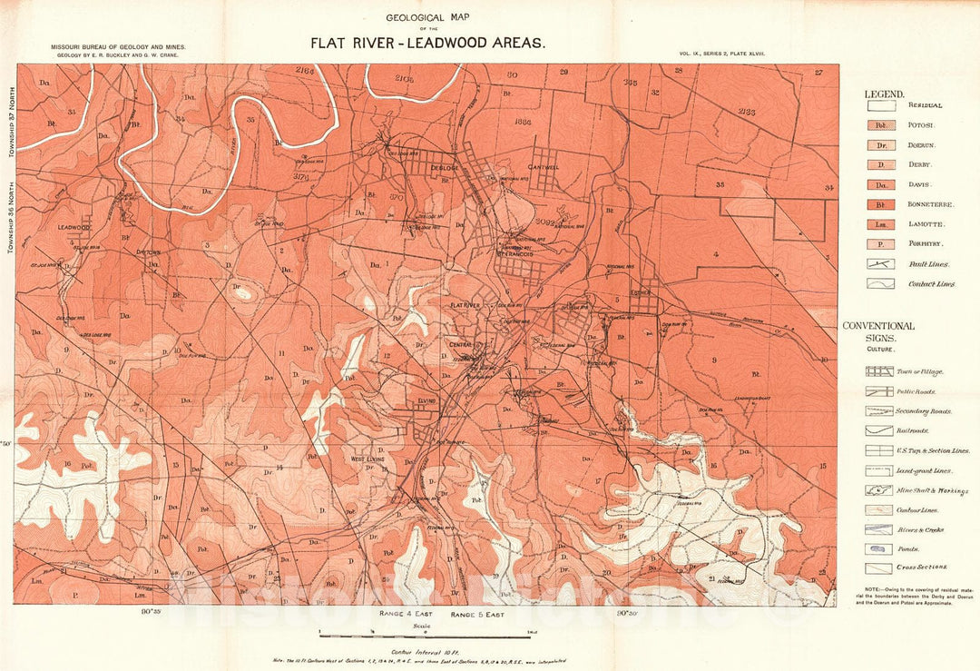 Historic Map : 1910 Geological Map of the Flat River - Leadwood Areas : Vintage Wall Art