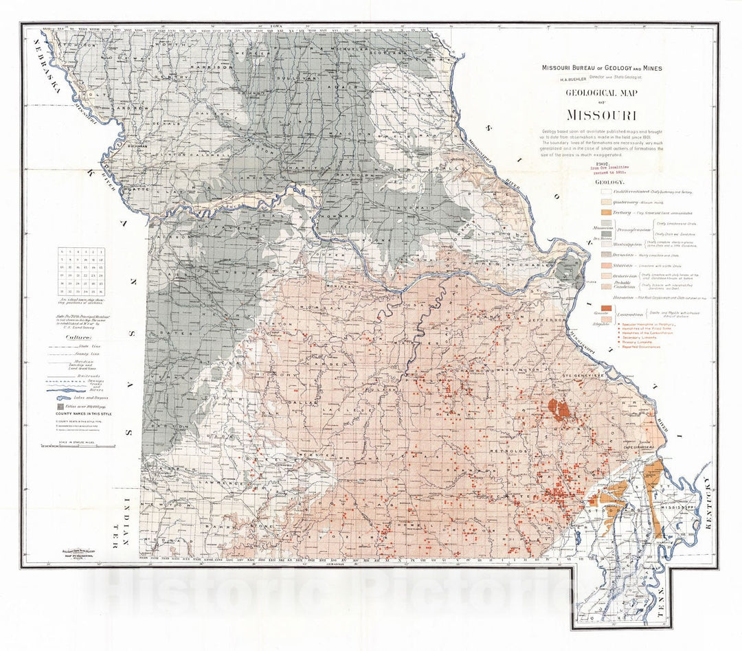 Historic Map : 1911 Geological Map of Missouri (Iron Ore Localities revised to 1911) : Vintage Wall Art