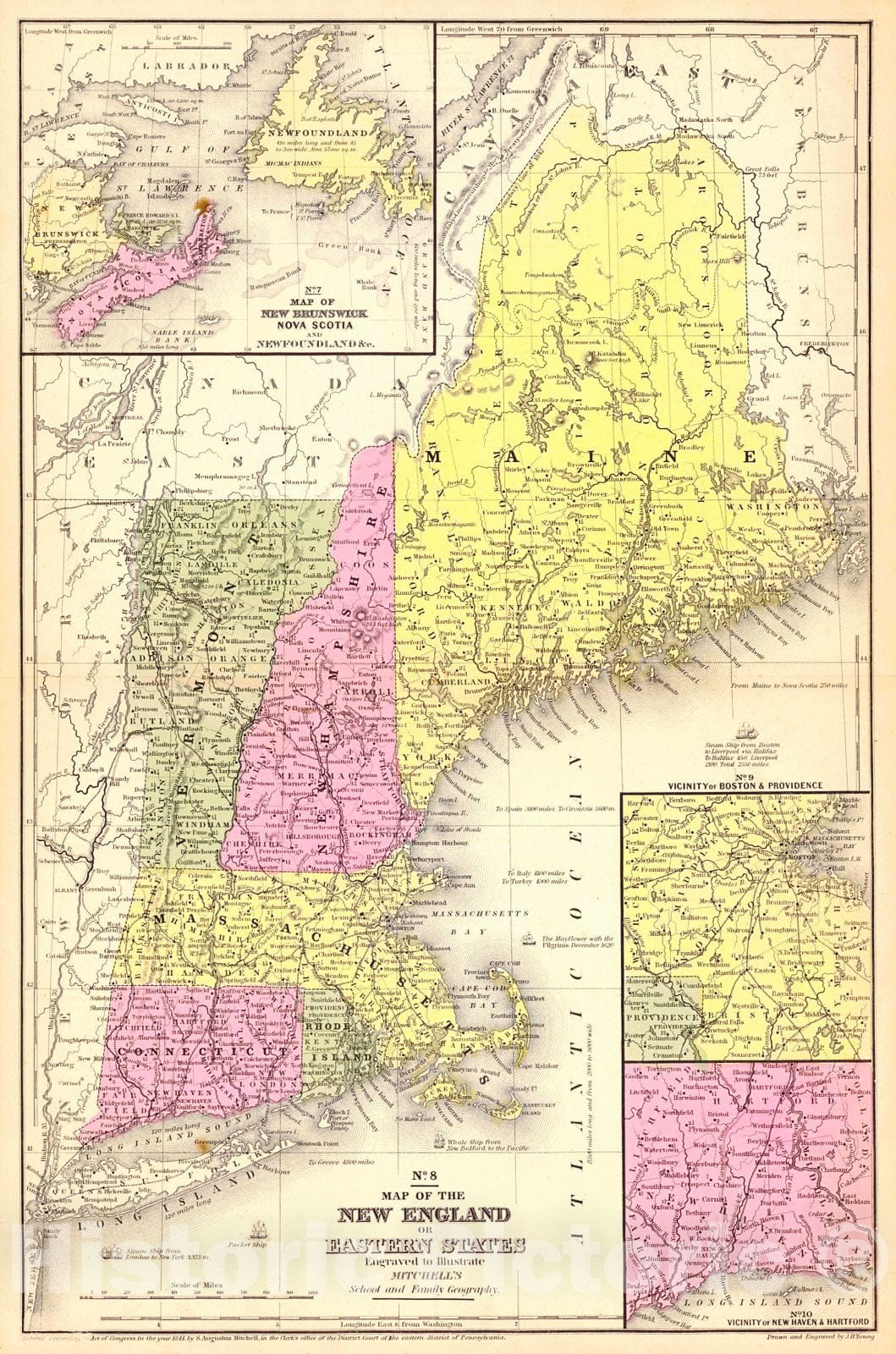 Historic Map : 1844 No. 8 Map of the New England or Eastern States : Vintage Wall Art