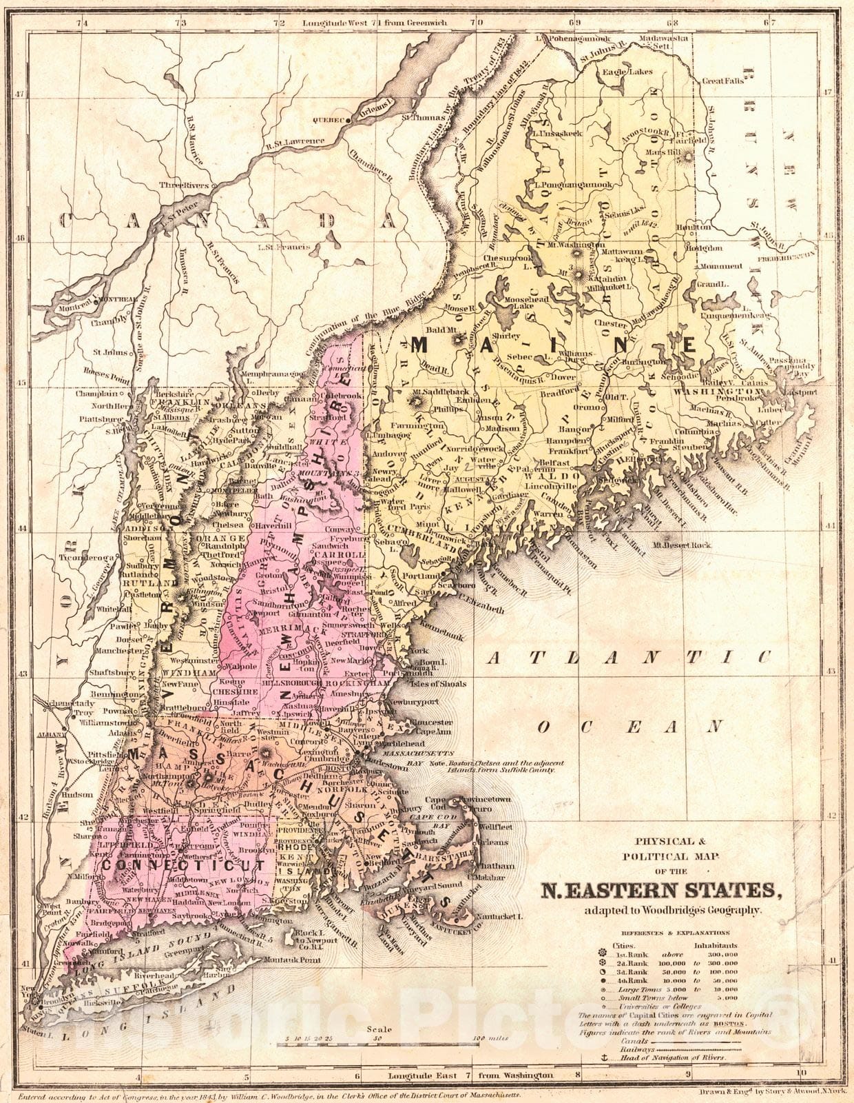 Historic Map : 1845 Physical & Political Map of the N. Eastern States, adapted to Woodbridge's Geography : Vintage Wall Art