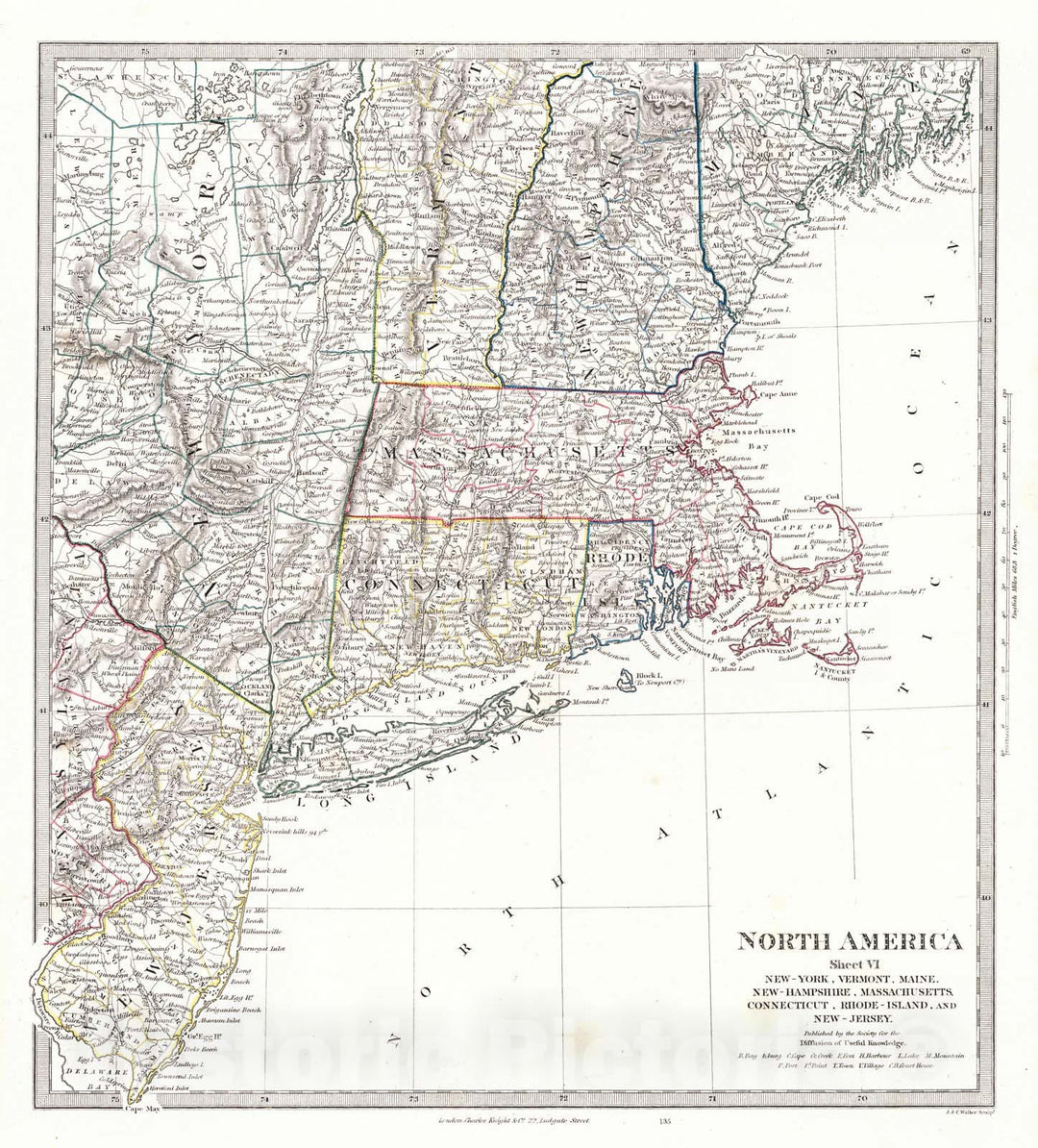 Historic Map : 1846 North America Sheet VI New-York, Vermont, Maine, New-Hampshire, Massachusetts, Connecticut, Rhode-Island, and New-Jersey : Vintage Wall Art