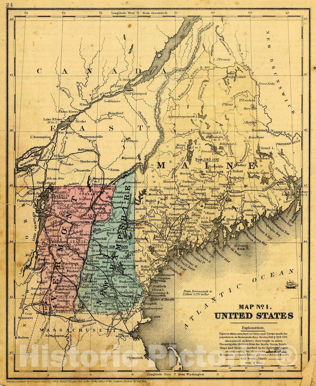 Historic Map : 1855 Map No.1, United States (Vermont, New Hampshire and Maine) : Vintage Wall Art