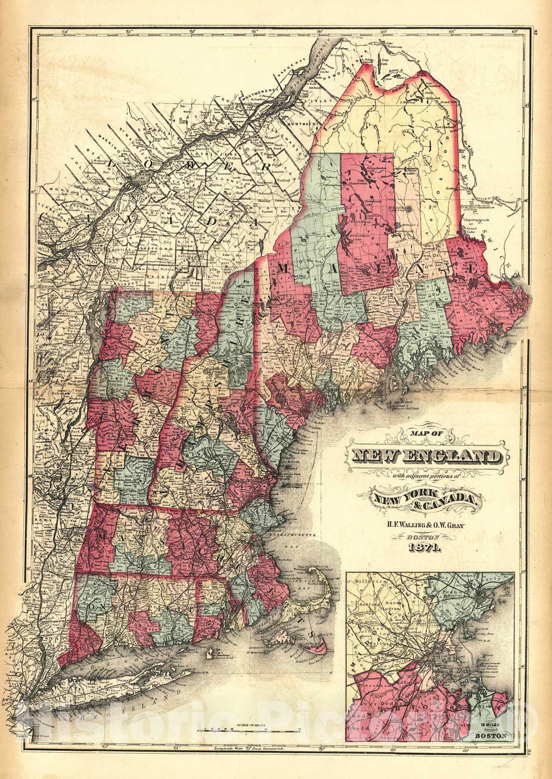 Historic Map : 1871 Map of New England with adjacent portions of New York and Canada : Vintage Wall Art