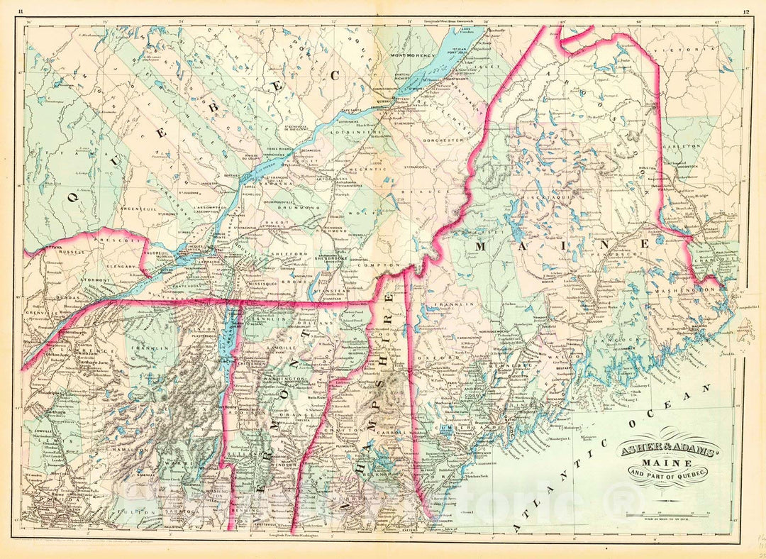 Historic Map : 1872 Asher & Adams' Maine and Part of Quebec : Vintage Wall Art