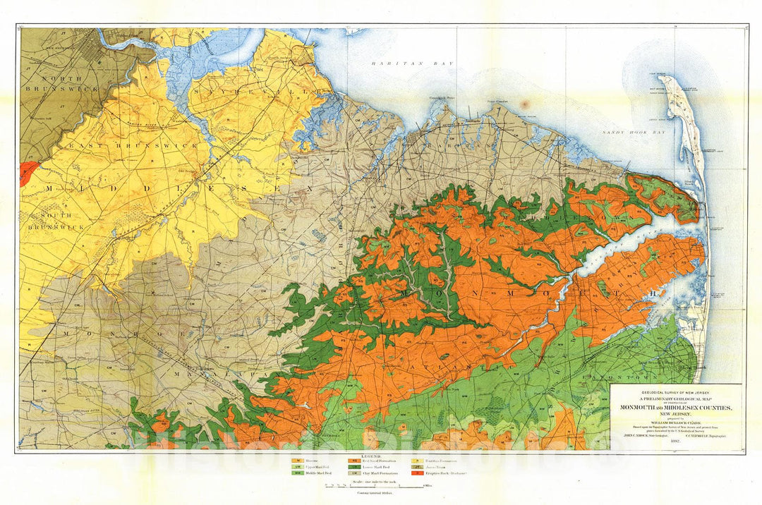 Historic Map : 1892 A Preliminary Geological Map of Portions of Monmouth and Middlesex Counties, New Jersey : Vintage Wall Art