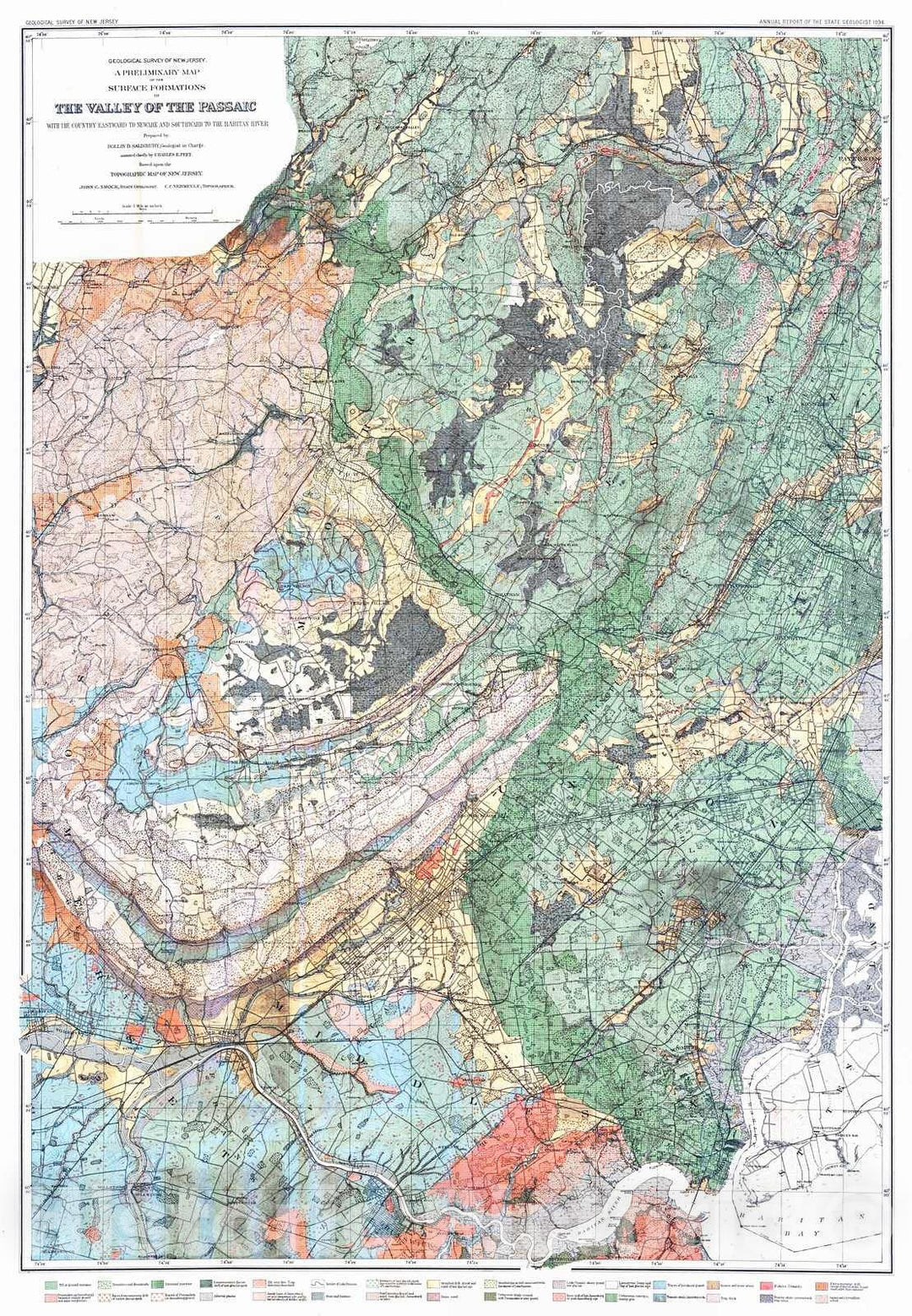 Historic Map : 1894 A Preliminary Map of the Surface Formations of the Valley of the Passaic with the Country eastward to Newark and southward to the Raritan River : Vintage Wall Art