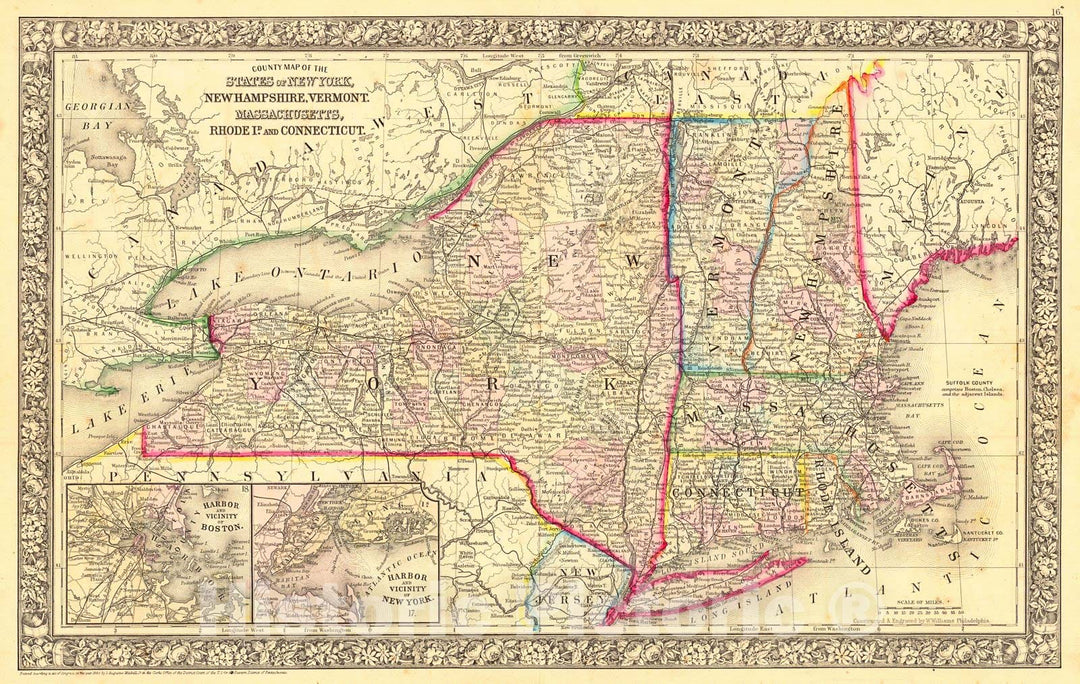 Historic Map : 1860 County Map of the State of New York, New Hampshire, Vermont, Massachusetts, Rhode Island, and Connecticut : Vintage Wall Art