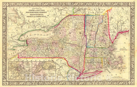 Historic Map : 1860 County Map of the State of New York, New Hampshire, Vermont, Massachusetts, Rhode Island, and Connecticut : Vintage Wall Art
