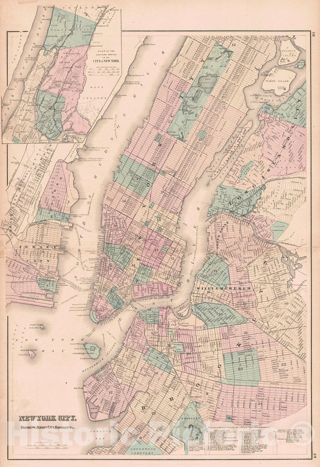 Historic Map : 1876 New York City, Brooklyn, Jersey City, Hoboken Etc. : Vintage Wall Art