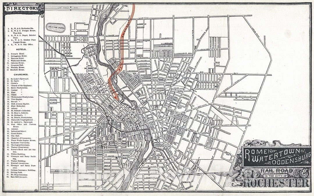 Historic Map : 1890 Rome, Watertown, and Ogdensburg Railroad in the City of Rochester : Vintage Wall Art