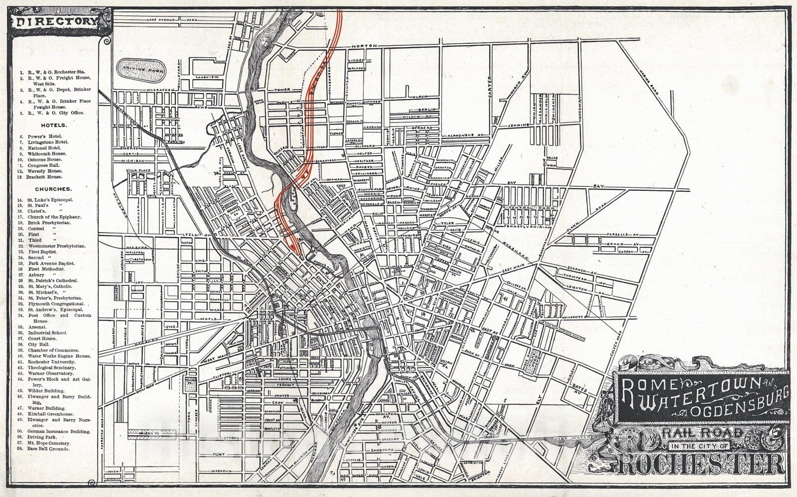 Historic Map : 1890 Rome, Watertown, and Ogdensburg Railroad in the City of Rochester : Vintage Wall Art