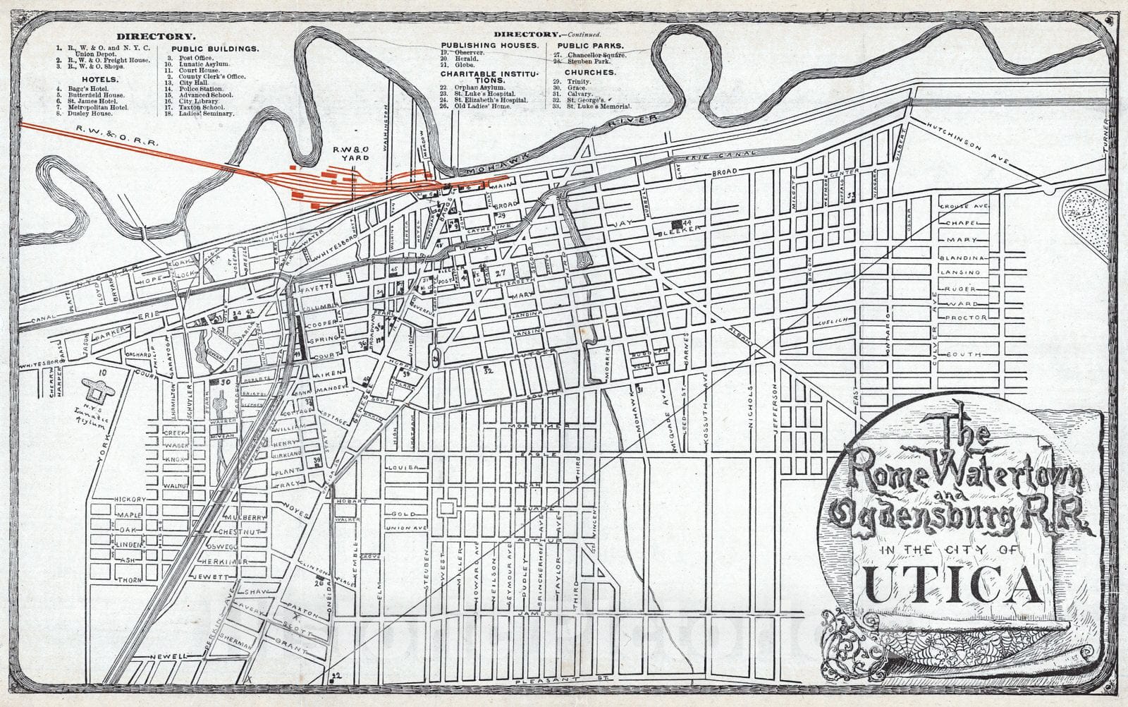 Historic Map : 1890 Rome, Watertown, and Ogdensburg Railroad in the City of Utica : Vintage Wall Art