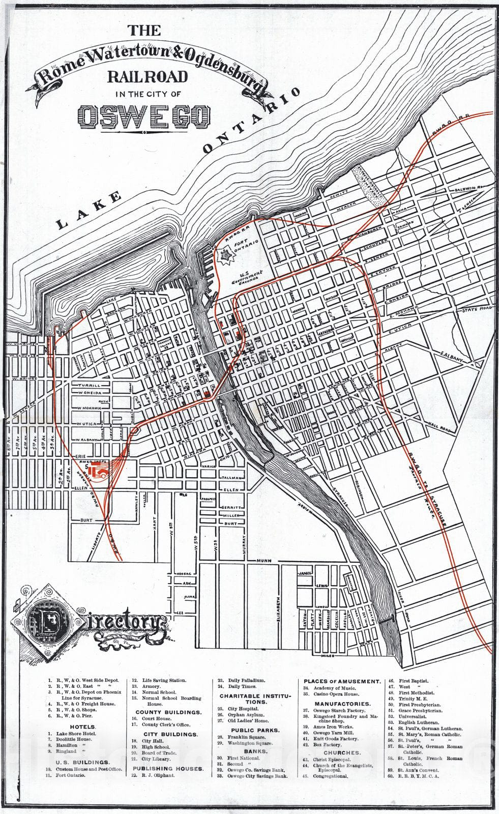 Historic Map : 1890 Rome, Watertown, and Ogdensburg Railroad in the City of Oswego : Vintage Wall Art