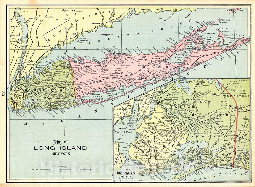 Historic Map : 1898 Map of Long Island, New York : Vintage Wall Art