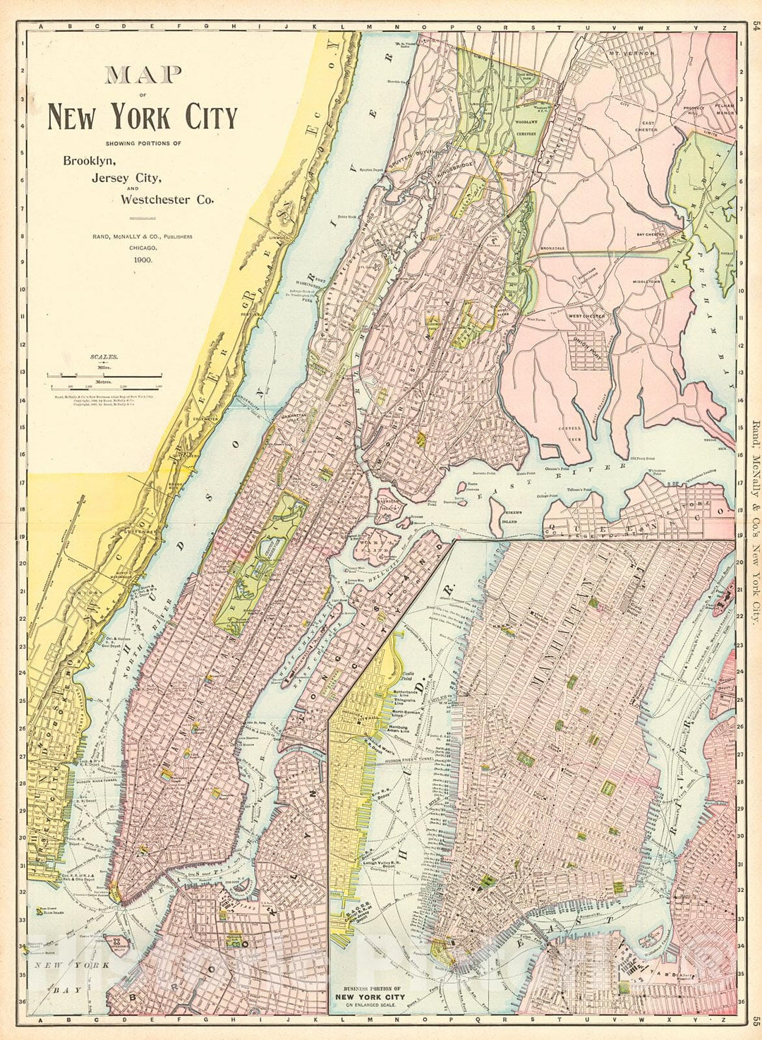 Historic Map : 1900 Map of New York City showing portions of Brooklyn, Jersey City & Westchester County : Vintage Wall Art