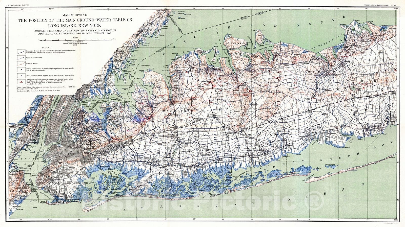 Historic Map : 1904 Map Showing the Position of the Main Ground Water Table on Long Island, New York : Vintage Wall Art