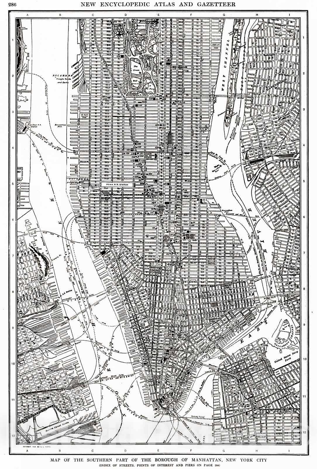 Historic Map : 1909 Map of the Southern Part of the Borough of Manhattan, New York City : Vintage Wall Art