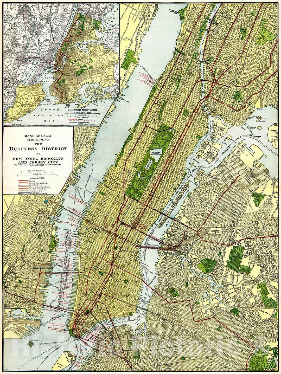 Historic Map : 1921 The Business District of New York, Brooklyn, and Jersey City : Vintage Wall Art