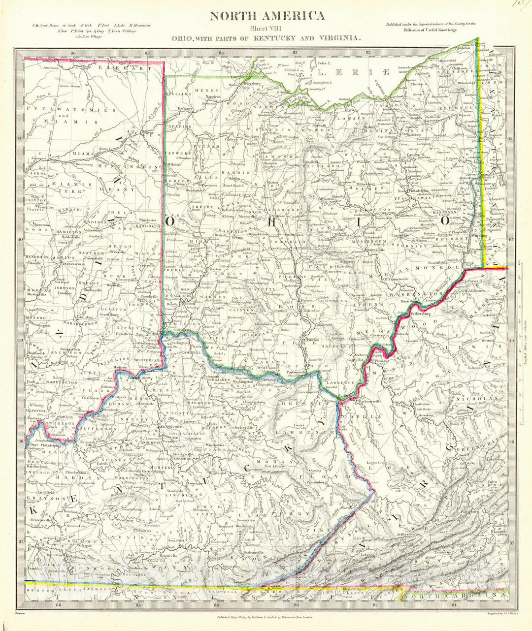 Historic Map : 1833 North America Sheet VIII: Ohio with Parts of Kentucky and Virginia : Vintage Wall Art