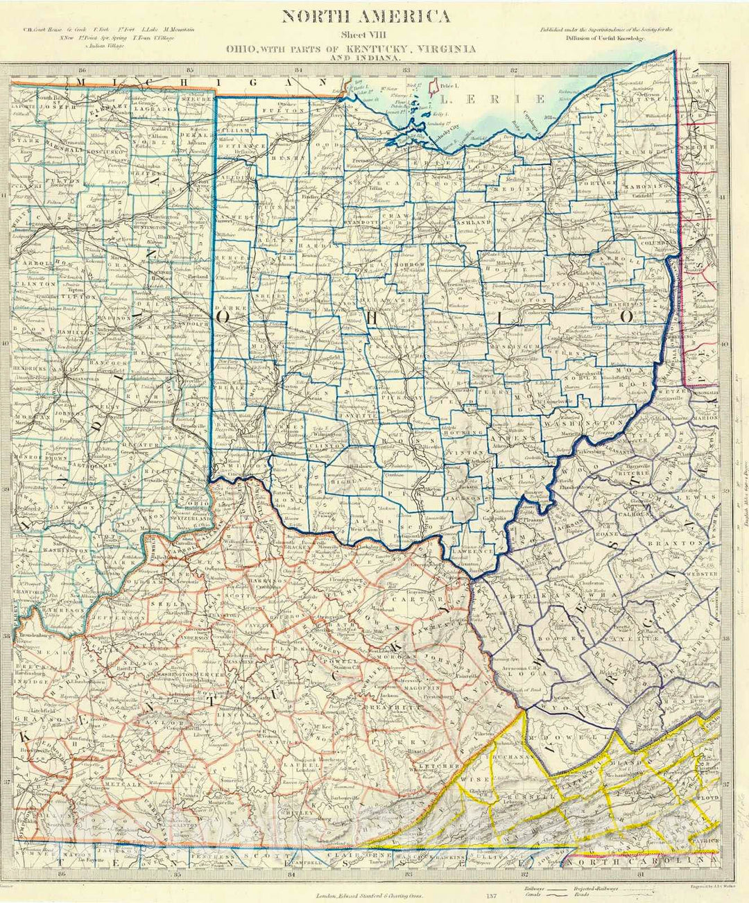 Historic Map : 1850 North America Sheet VIII: Ohio with Parts of Kentucky, Virginia, and Indiana : Vintage Wall Art