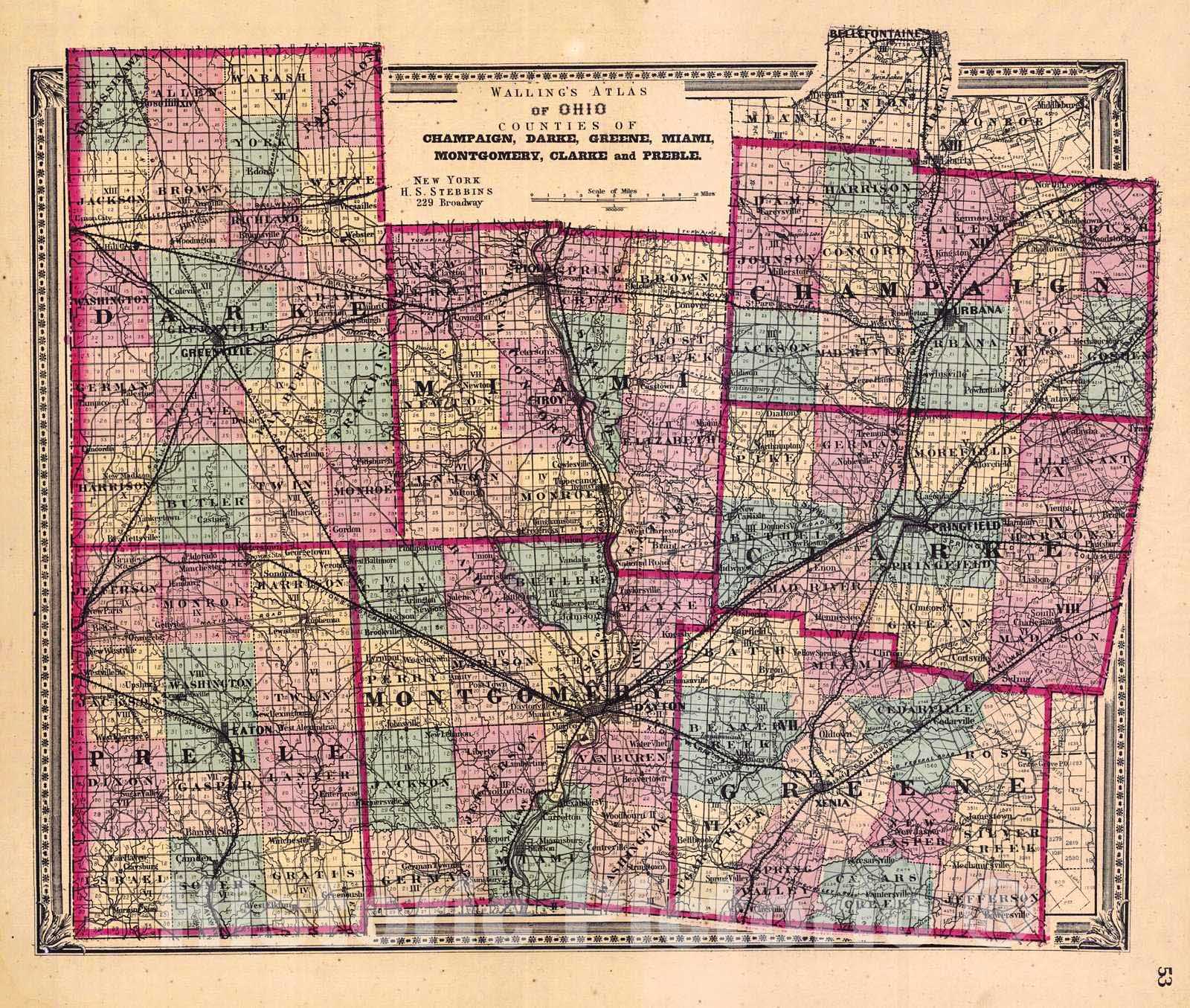 Historic Map : 1868 Walling Atlas of Ohio Counties of Champaign, Darke, Greene, Miami, Montgomery, Clarke, and Preble : Vintage Wall Art