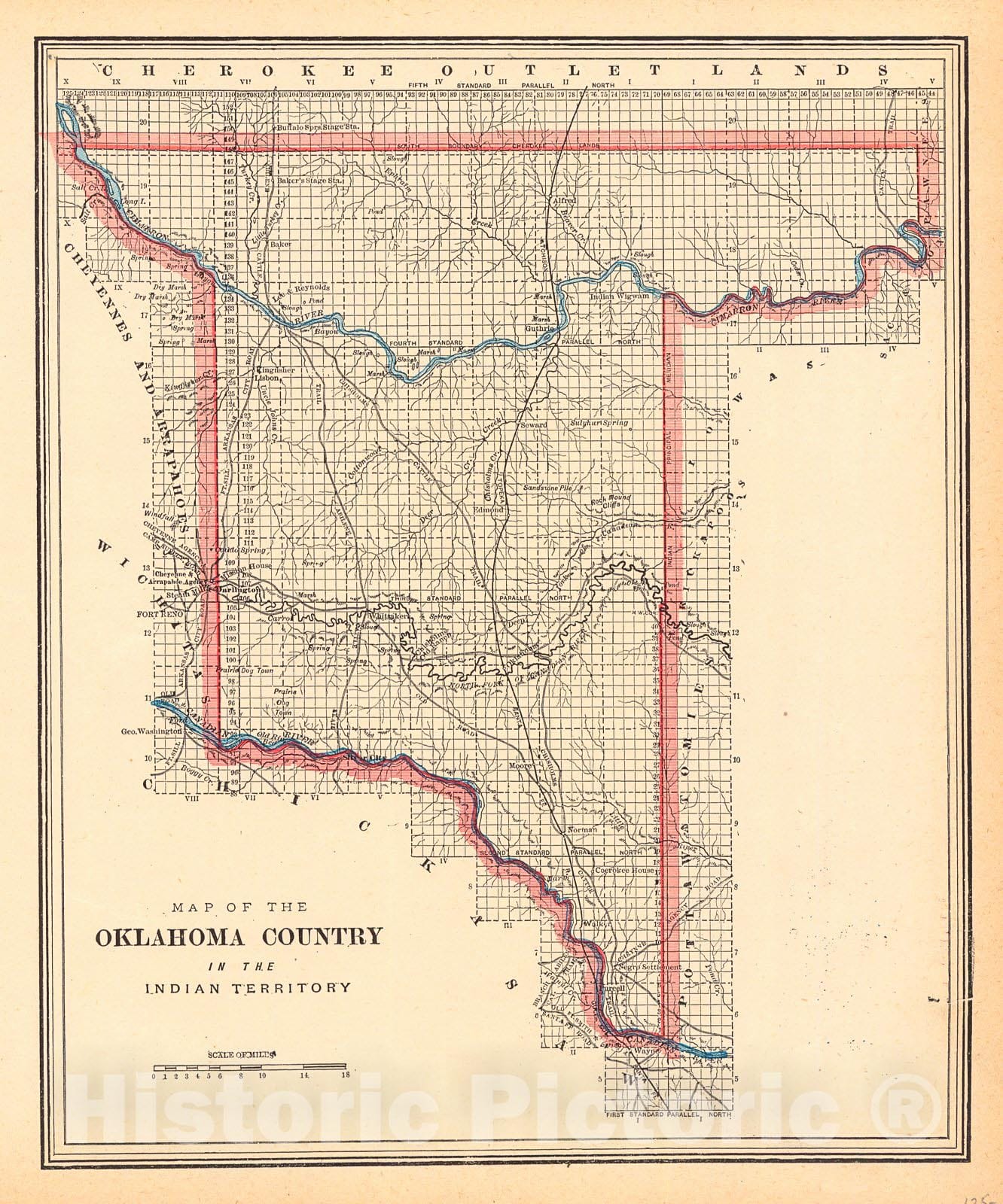 Historic Map : 1889 Map of the Oklahoma Country in the Indian Territory : Vintage Wall Art