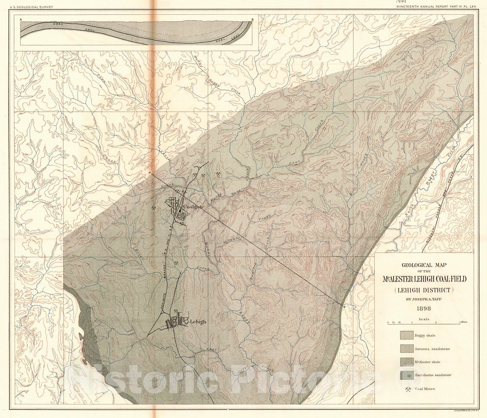 Historic Map : 1899 Geological Map of the McAlester-Lehigh Coal-Field (Lehigh District) : Vintage Wall Art