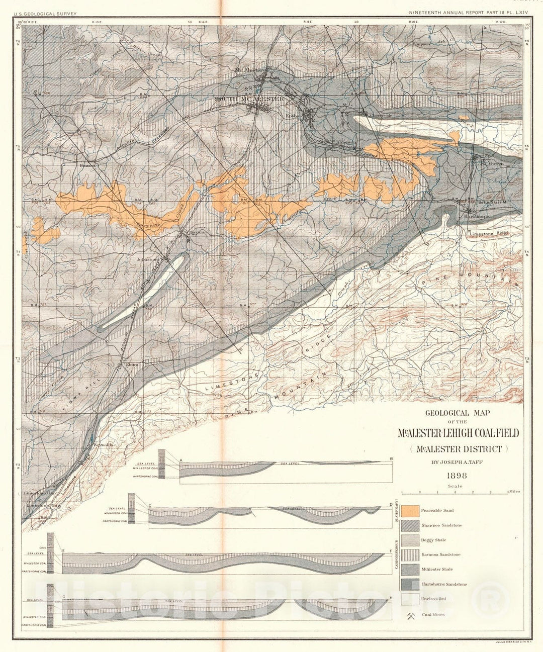 Historic Map : 1899 Geological Map of the McAlester-Lehigh Coal-Field (McAlester District) : Vintage Wall Art