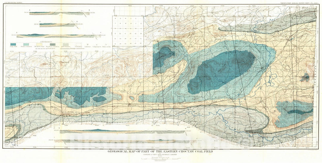 Historic Map : 1900 Geological map of part of the Eastern Choctaw Coal Field : Vintage Wall Art