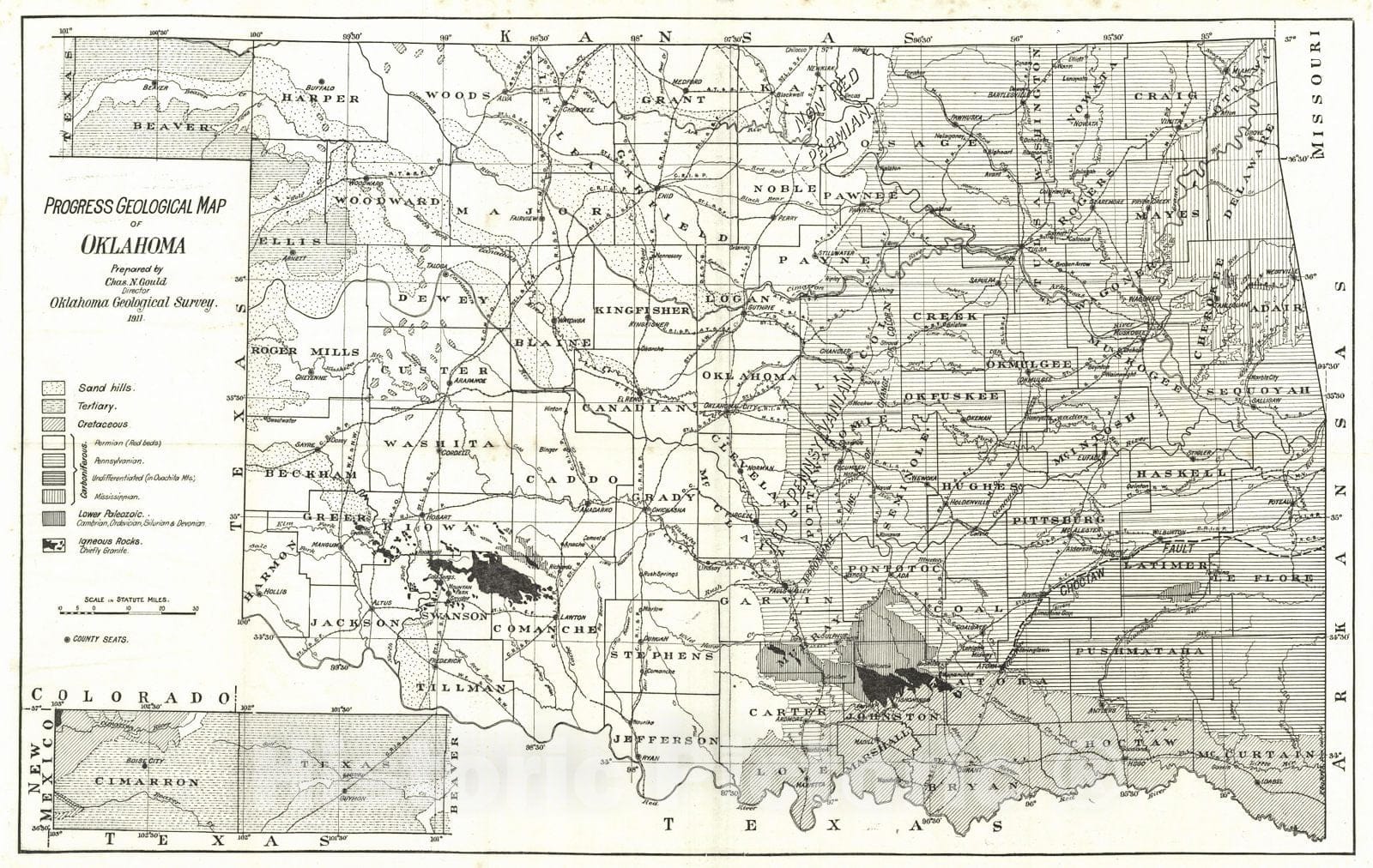 Historic Map : 1911 Progress Geological Map of Oklahoma : Vintage Wall Art