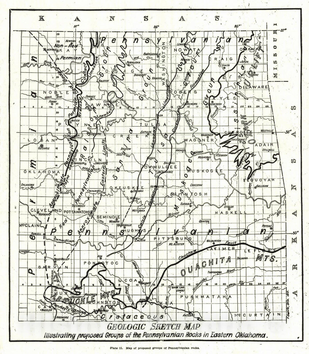 Historic Map : 1911 Geologic Sketch Map Illustrating Proposed Groups of the Pennsylvanian Rocks of Eastern Oklahoma : Vintage Wall Art