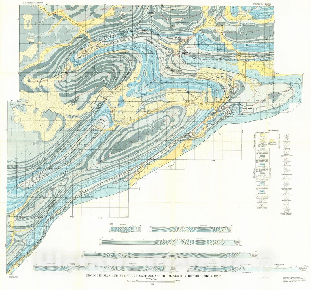 Historic Map : 1936 Geologic map and structure sections of the McAlester District, Oklahoma : Vintage Wall Art