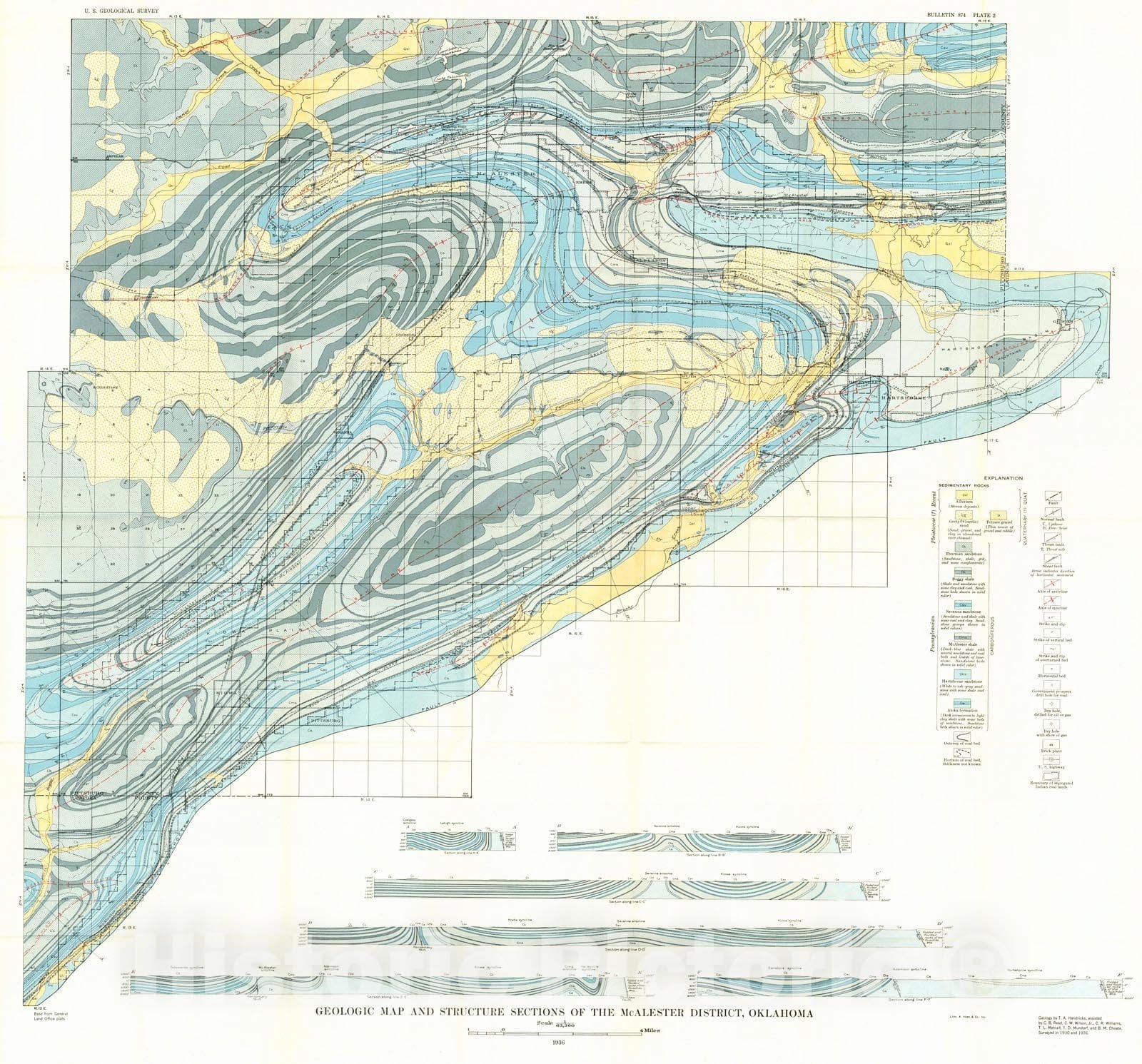 Historic Map : 1936 Geologic map and structure sections of the McAlester District, Oklahoma : Vintage Wall Art