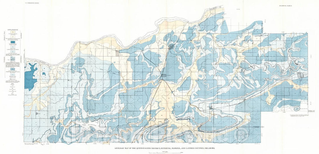 Historic Map : 1936 Geologic map of the Quinton-Scipio District, Pittsburg, Haskell and Latimer Counties, Oklahoma : Vintage Wall Art