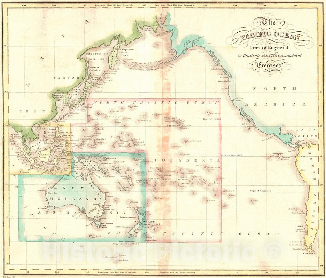 Historic Map : 1828 The Pacific Ocean : Vintage Wall Art