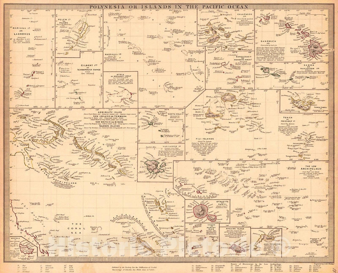 Historic Map : 1840 Polynesia or Islands in the Pacific Ocean  : Vintage Wall Art