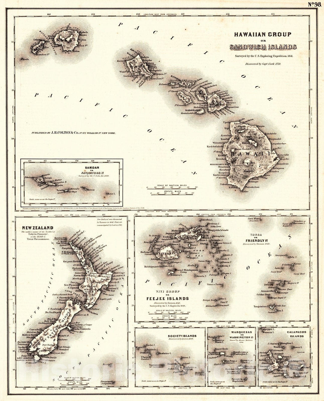 Historic Map : 1857 Hawaiian Group or Sandwich Islands; Samaan or Navigators Islands; New Zealand; Tonga or Friendly Islands; Galapagos Islands : Vintage Wall Art