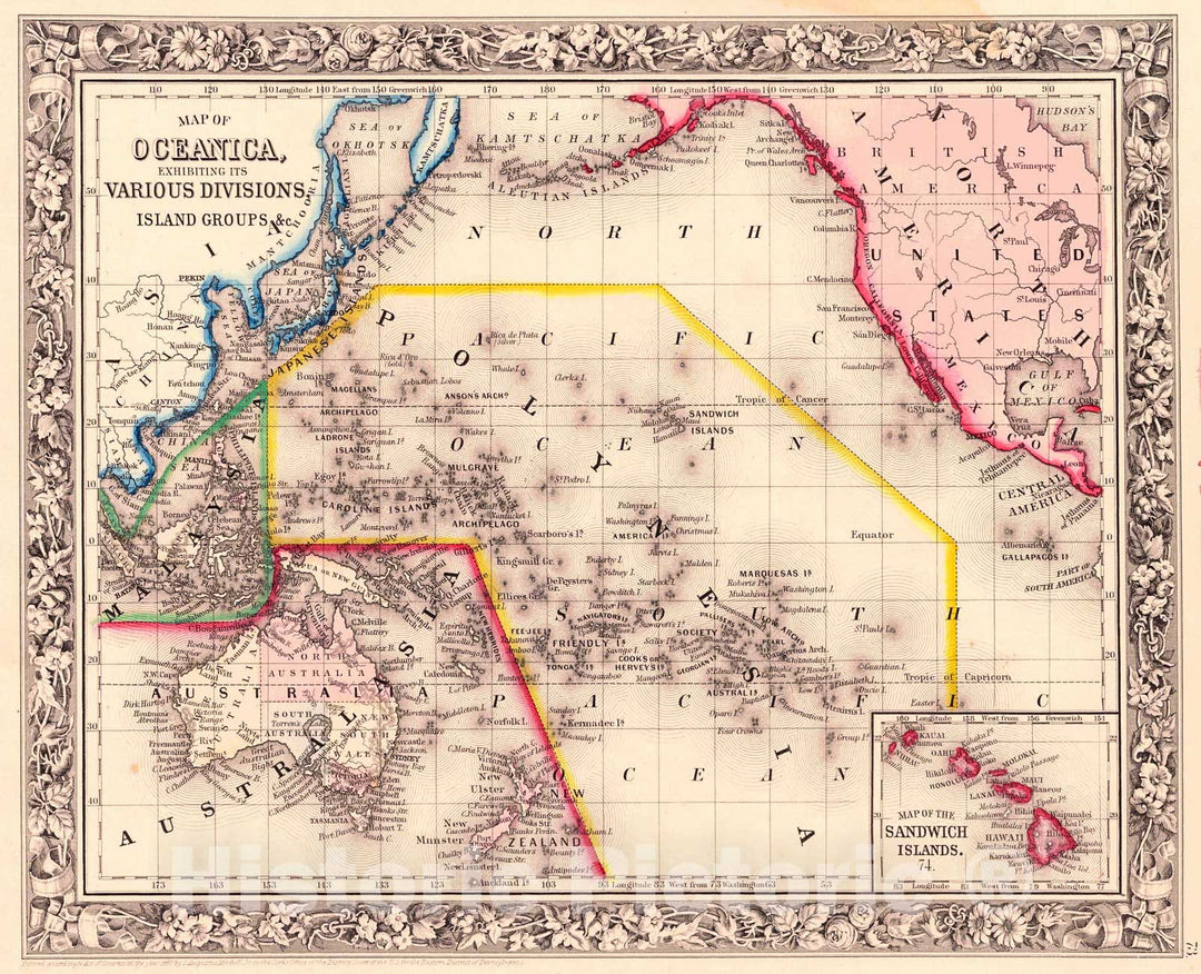 Historic Map : 1860 Map of Oceania, Exhibiting Its Various Divisions, Island Groups : Vintage Wall Art