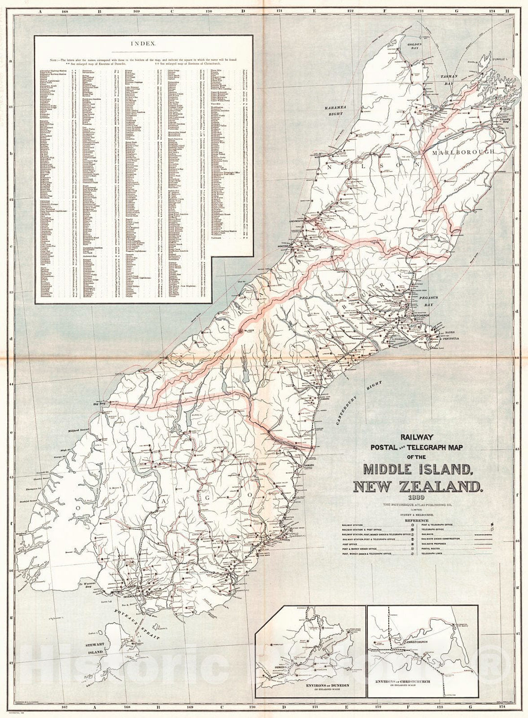 Historic Map : 1889 Railway, Postal and Telegraphy of the Middle Island, New Zealand : Vintage Wall Art