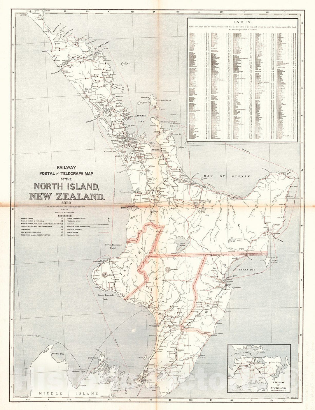 Historic Map : 1889 Railway, Postal and Telegraphy of the North Island, New Zealand : Vintage Wall Art