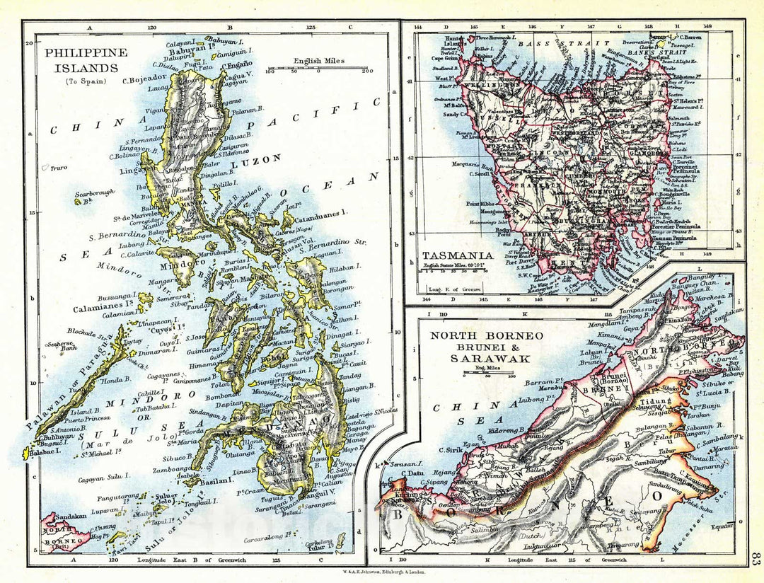 Historic Map : 1897 Philippine Islands; Tasmania; North Borneo, Brunei, and Sarawak : Vintage Wall Art